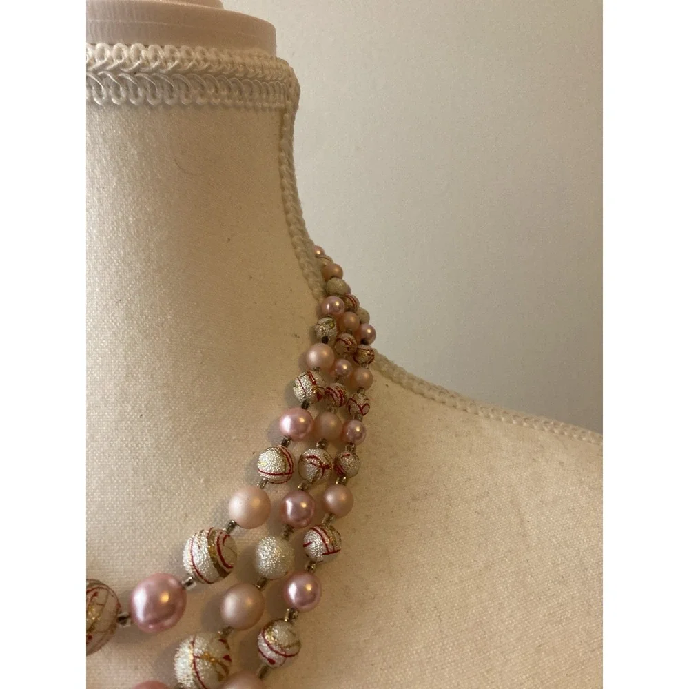 Vintage‎ Multi Strand Necklace Pink Faux Pearl Gold Tone Romantic Collar Choker